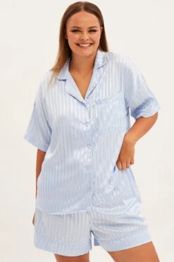 Blue Stripe Pyjamas Set Short Sleeve Collared Shorts Satin -You And All Fashion Store cnw01114v 84wb stripe 3