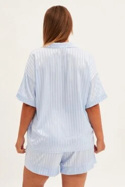 Blue Stripe Pyjamas Set Short Sleeve Collared Shorts Satin -You And All Fashion Store cnw01114v 84wb stripe 5