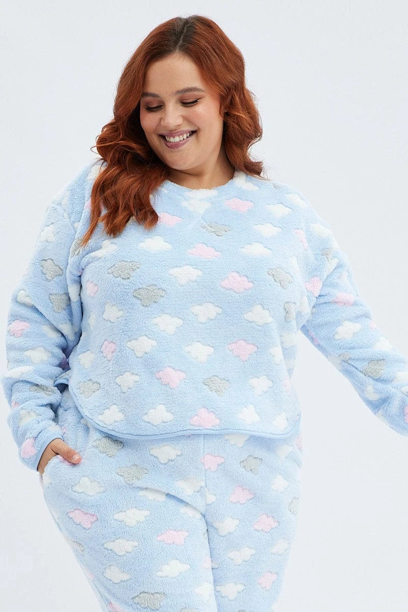 Blue Print Fluffy Pj Cloud Print Cosy Pyjama Set 2 Blue Print Fluffy Pj Cloud Print Cosy Pyjama Set - Image 2
