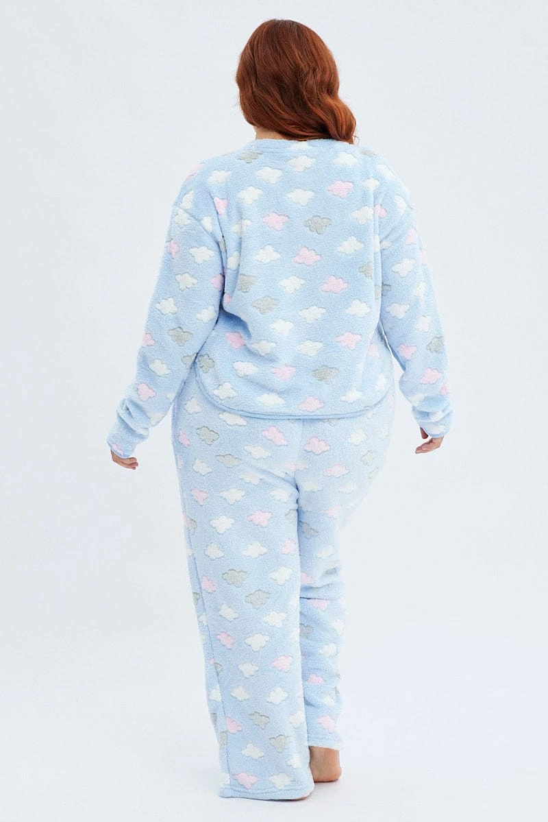 Blue Print Fluffy Pj Cloud Print Cosy Pyjama Set 5 Blue Print Fluffy Pj Cloud Print Cosy Pyjama Set - Image 5