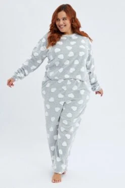 Grey Print Fluffy Pj Heart Print Cosy Pyjama Set