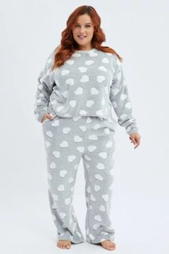 Grey Print Fluffy Pj Heart Print Cosy Pyjama Set -You And All Fashion Store cnw1002d 84zb print 3