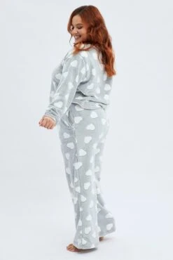 Grey Print Fluffy Pj Heart Print Cosy Pyjama Set -You And All Fashion Store cnw1002d 84zb print 4