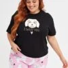 Black Print Graphic Pj Dog And Hearts Jersey Pyjama Set