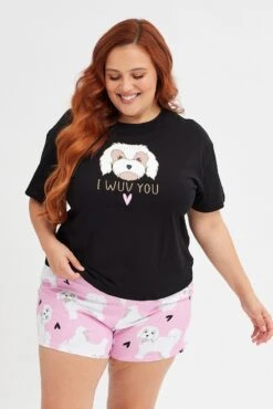 Black Print Graphic Pj Dog And Hearts Jersey Pyjama Set
