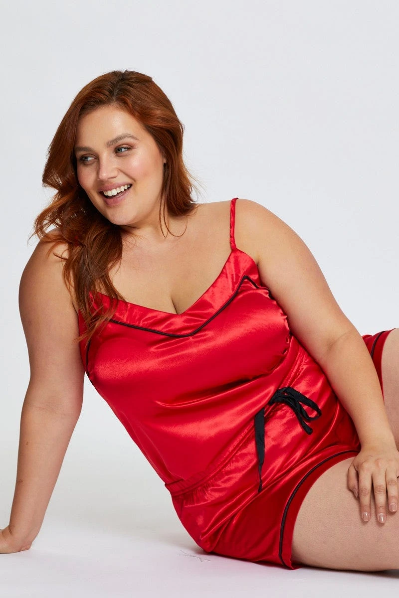 Red Satin Pj Contrat Piping Pyjama Set 1 Red Satin Pj Contrat Piping Pyjama Set