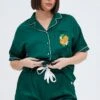 Green Satin Pj Set Contrast Piping Embroidery Pyjama