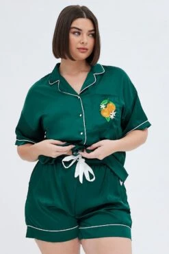 Green Satin Pj Set Contrast Piping Embroidery Pyjama