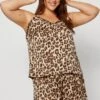 Animal Print Leopard Satin Piping Cami Pj Pyjama Set