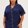 Blue Nightie Short Sleeve Collared Mini Satin