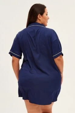 Blue Nightie Short Sleeve Collared Mini Satin -You And All Fashion Store cnw1111 84wb navy 5