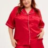 Red Polka Dot Pyjamas Set Short Sleeve Collared Shorts Satin