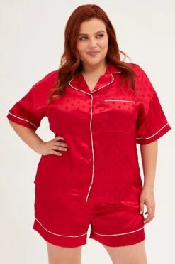 Red Polka Dot Pyjamas Set Short Sleeve Collared Shorts Satin -You And All Fashion Store cnw1114i 84wb polka dot 3