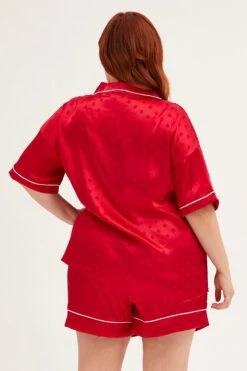 Red Polka Dot Pyjamas Set Short Sleeve Collared Shorts Satin -You And All Fashion Store cnw1114i 84wb polka dot 5