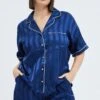 Blue Satin Pj Contrast Piping Stripe Pyjama Set