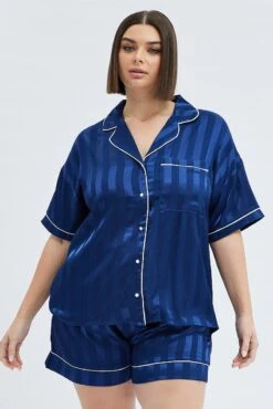 Blue Satin Pj Contrast Piping Stripe Pyjama Set -You And All Fashion Store cnw1114j 84zb navy 3