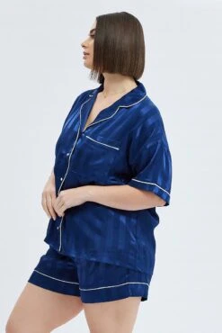 Blue Satin Pj Contrast Piping Stripe Pyjama Set -You And All Fashion Store cnw1114j 84zb navy 4