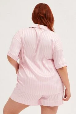 Pink Stripe Pyjamas Set Short Sleeve Collared Shorts Satin -You And All Fashion Store cnw1114v 84w stripe 5