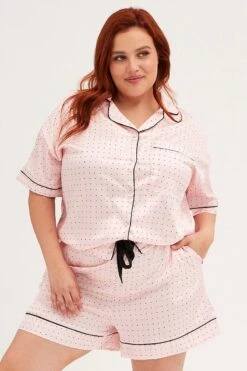 Pink Polka Dot Pyjamas Set Short Sleeve Collared Shorts Satin -You And All Fashion Store cnw1114y 84wb polka dot 3