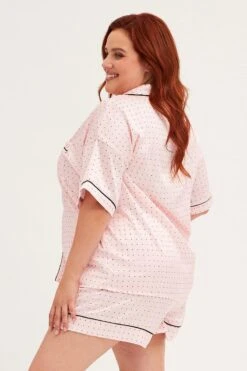 Pink Polka Dot Pyjamas Set Short Sleeve Collared Shorts Satin -You And All Fashion Store cnw1114y 84wb polka dot 4
