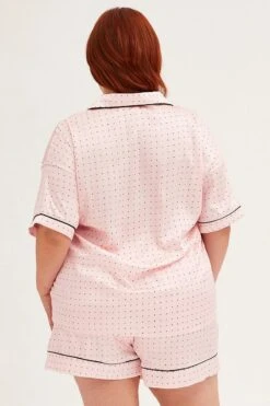 Pink Polka Dot Pyjamas Set Short Sleeve Collared Shorts Satin -You And All Fashion Store cnw1114y 84wb polka dot 5