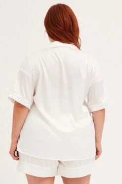 White Pyjamas Set Short Sleeve Collared Shorts Satin -You And All Fashion Store cnw1114z 84wb white 5