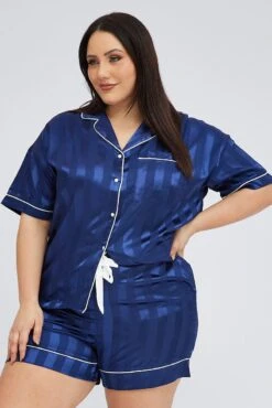 Blue Pyjama Set Stripe Satin Jacquard Piping Pj