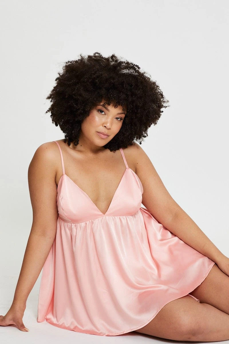 Pink Satin Babydoll Top & Short Pyjama Set 1 Pink Satin Babydoll Top & Short Pyjama Set