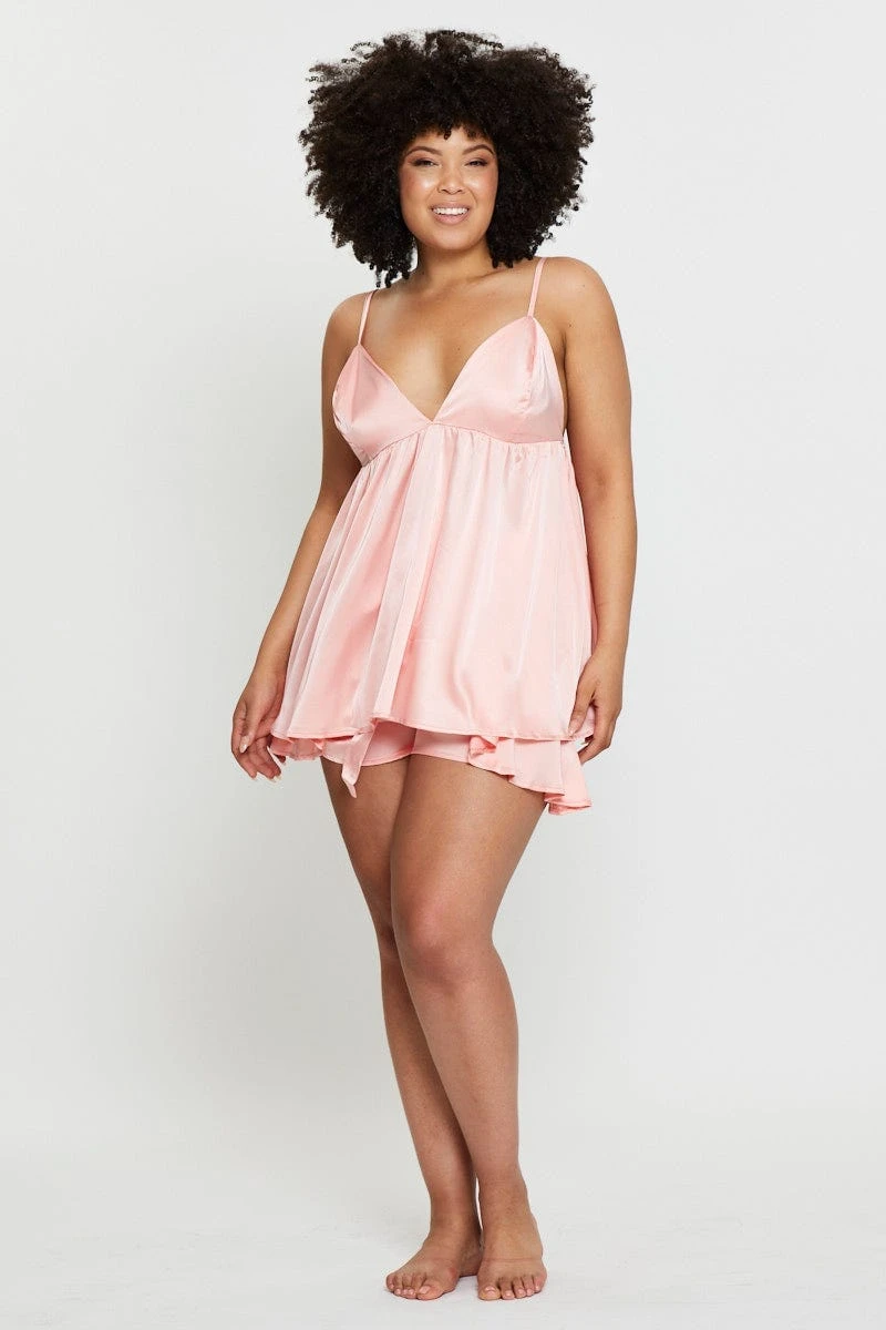 Pink Satin Babydoll Top & Short Pyjama Set 2 Pink Satin Babydoll Top & Short Pyjama Set - Image 2