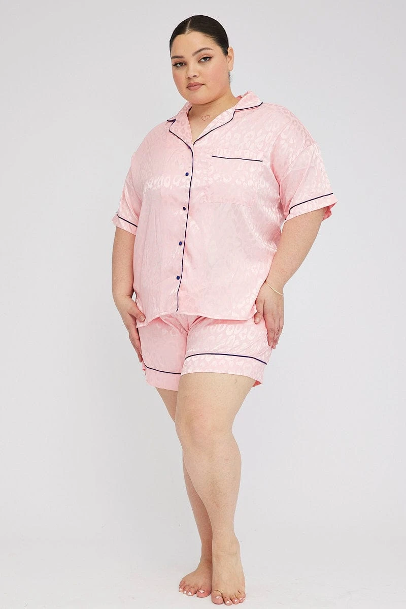 Pink Pyjama Set Satin Leopard Jacquard Piping Pj 2 Pink Pyjama Set Satin Leopard Jacquard Piping Pj - Image 2