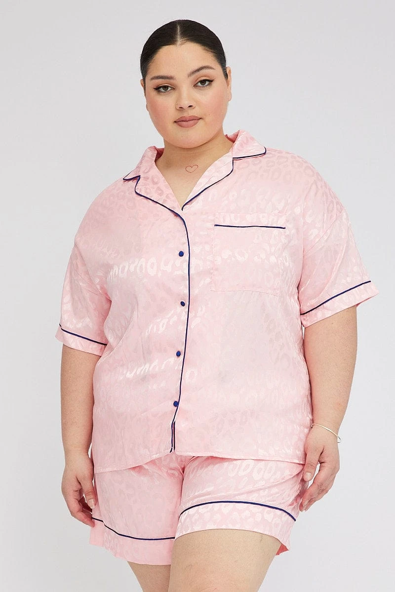 Pink Pyjama Set Satin Leopard Jacquard Piping Pj 3 Pink Pyjama Set Satin Leopard Jacquard Piping Pj - Image 3