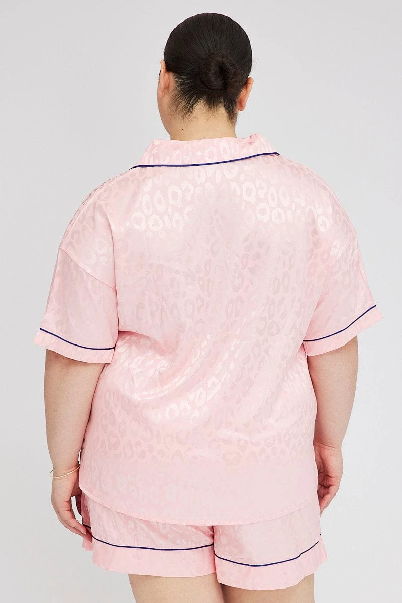 Pink Pyjama Set Satin Leopard Jacquard Piping Pj 5 Pink Pyjama Set Satin Leopard Jacquard Piping Pj - Image 5