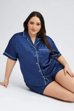 Blue Animal Print Pyjama Set Satin Jacquard Leopard Piping Pj