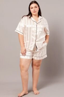 White Stripe Satin Jacquard Stripe Pyjama Pj 2 Piece Set