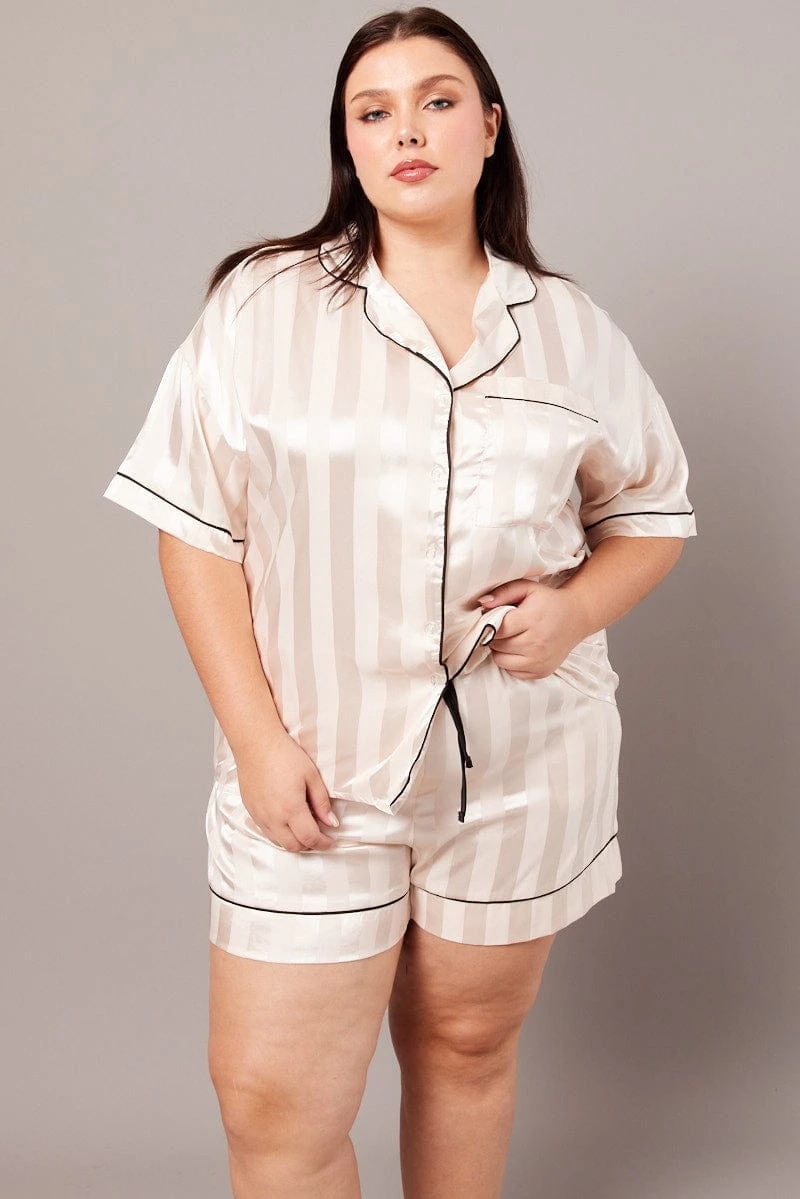 White Stripe Satin Jacquard Stripe Pyjama Pj 2 Piece Set 2 White Stripe Satin Jacquard Stripe Pyjama Pj 2 Piece Set - Image 2