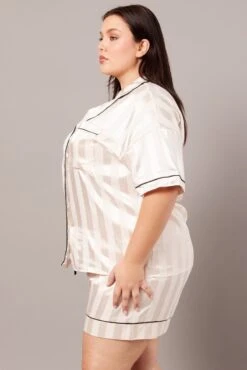 White Stripe Satin Jacquard Stripe Pyjama Pj 2 Piece Set 9 White Stripe Satin Jacquard Stripe Pyjama Pj 2 Piece Set -You And All Fashion Store cnw2047a 84zb stripe 4