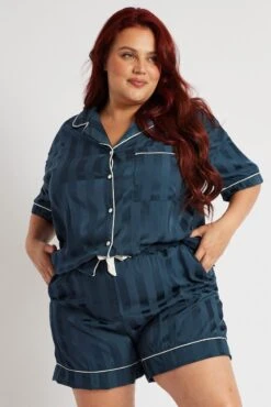 Blue Satin Pyjama Jacquard Stripe Piping Pj Set