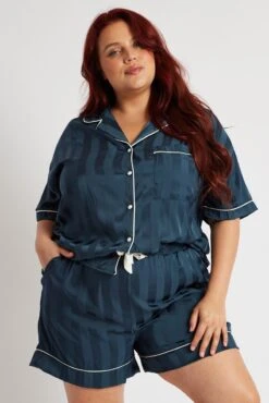 Blue Satin Pyjama Jacquard Stripe Piping Pj Set -You And All Fashion Store cnw2047f 84zb teal 3