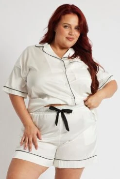 White Pyjama Set Satin Contrast Piping Pj -You And All Fashion Store cnw2050d 84zb white 3