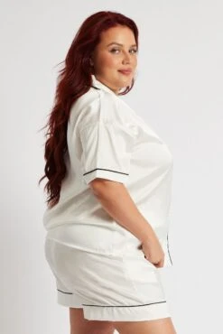 White Pyjama Set Satin Contrast Piping Pj -You And All Fashion Store cnw2050d 84zb white 4