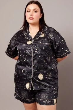 Black Print Pj Set Celestial Satin Contrast Piping Pyjama Set -You And All Fashion Store cnw2714 84zb print 3