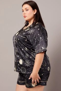 Black Print Pj Set Celestial Satin Contrast Piping Pyjama Set -You And All Fashion Store cnw2714 84zb print 4