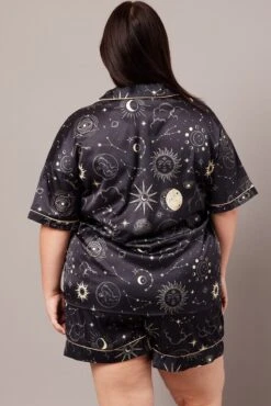 Black Print Pj Set Celestial Satin Contrast Piping Pyjama Set -You And All Fashion Store cnw2714 84zb print 5