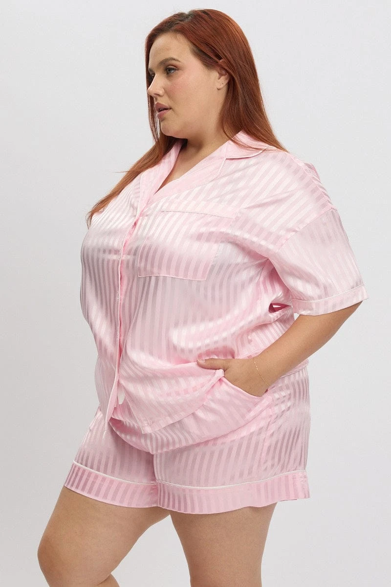 Pink Stripe Satin Pyjamas Set Short Sleeve 4 Pink Stripe Satin Pyjamas Set Short Sleeve - Image 4