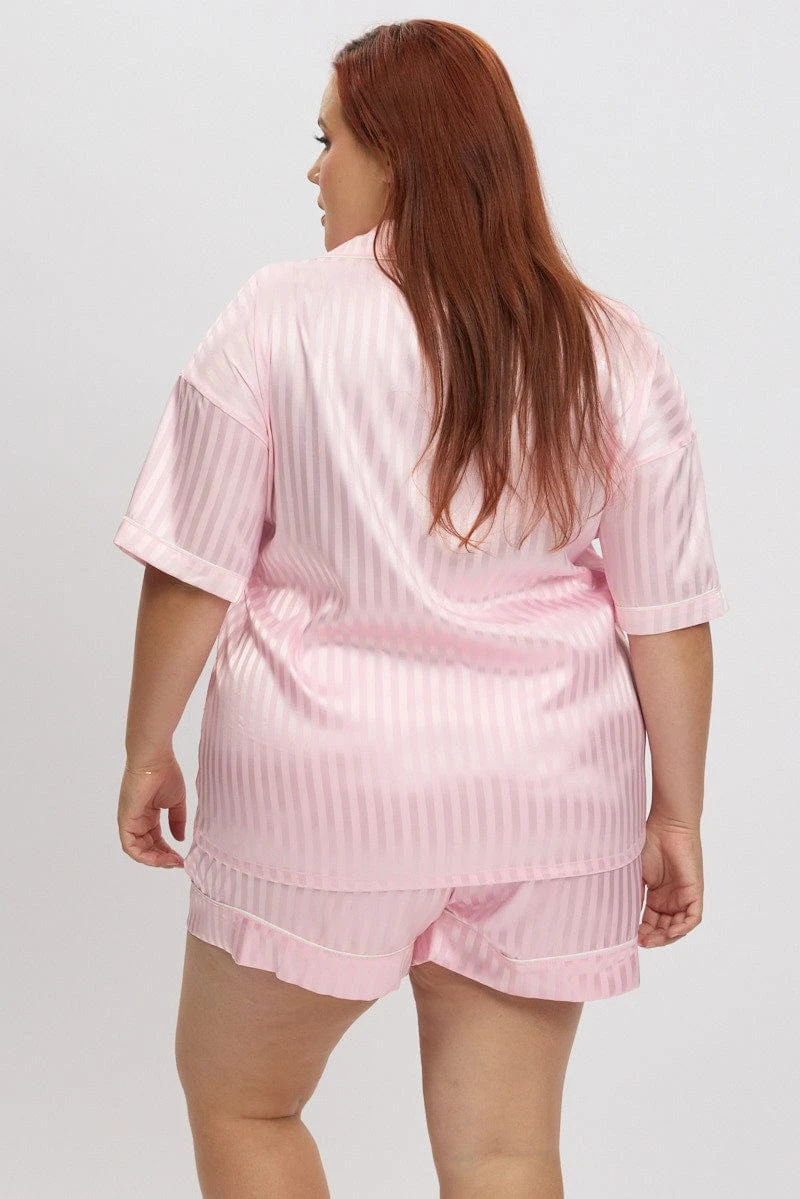 Pink Stripe Satin Pyjamas Set Short Sleeve 5 Pink Stripe Satin Pyjamas Set Short Sleeve - Image 5