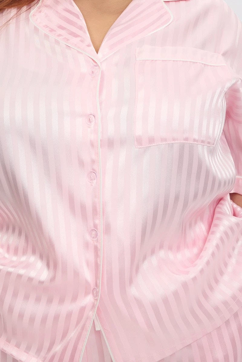 Pink Stripe Satin Pyjamas Set Short Sleeve 6 Pink Stripe Satin Pyjamas Set Short Sleeve - Image 6