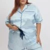 Blue Stripe Satin Pyjamas Set Short Sleeve