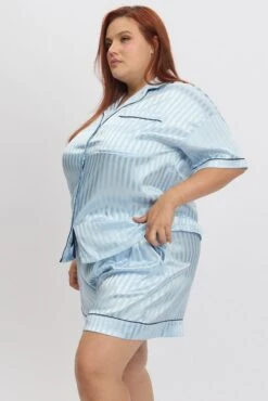 Blue Stripe Satin Pyjamas Set Short Sleeve -You And All Fashion Store cnw3181d 84w stripe 4