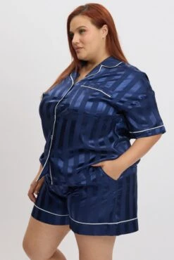 Blue Stripe Satin Pajamas Set Short Sleeve -You And All Fashion Store cnw3181h 84w stripe 4