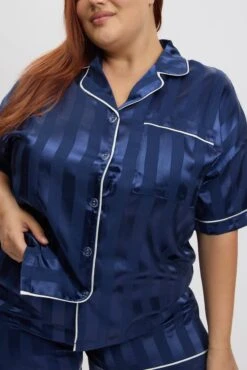 Blue Stripe Satin Pajamas Set Short Sleeve -You And All Fashion Store cnw3181h 84w stripe 6